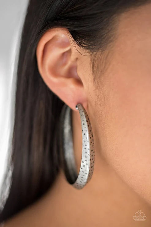 Jungle To Jungle - Oversized Silver Indigenous Hammered Hoop Earrings E#2882