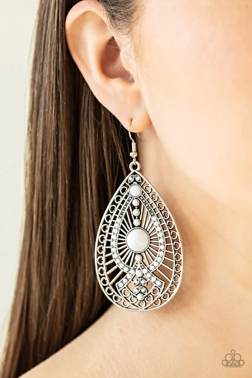 Just Dropping By - Oversized White Dotted Whirl Filigree Teardrop Earrings E#3695
