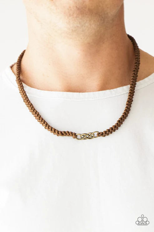 Just In MARITIME - Brass/Brown Interweaved 3D Infinity Braided Knotted Cord Button Loop Closure Urban Necklace N#3685