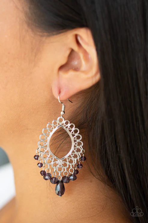 Just Say NOIR - Purple Glassy Beading Frilly Whimsical Fringe Earrings E#6024