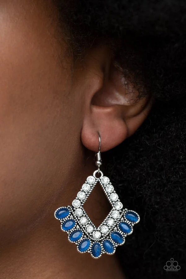 Just BEAM Happy - Oversized Blue Oval Kite Cat's Eye Moonstone Fringe Earrings E#6953