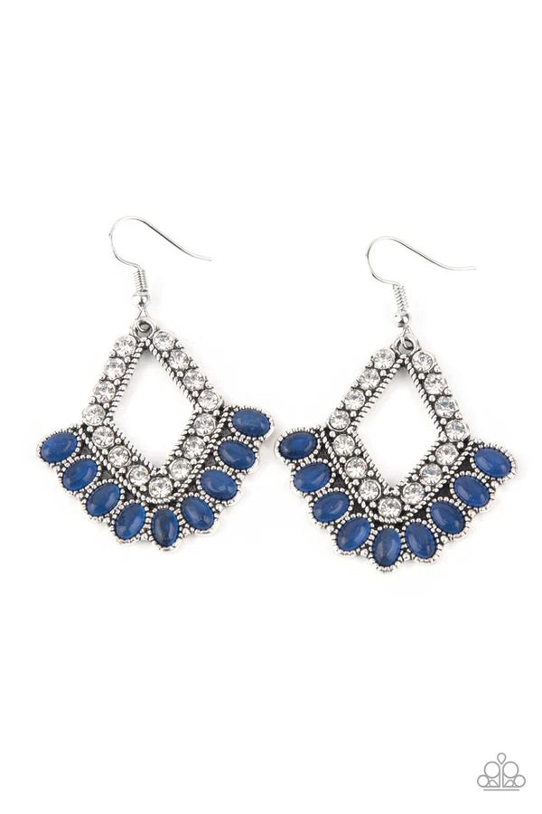 Just BEAM Happy - Oversized Blue Oval Kite Cat's Eye Moonstone Fringe Earrings E#6953