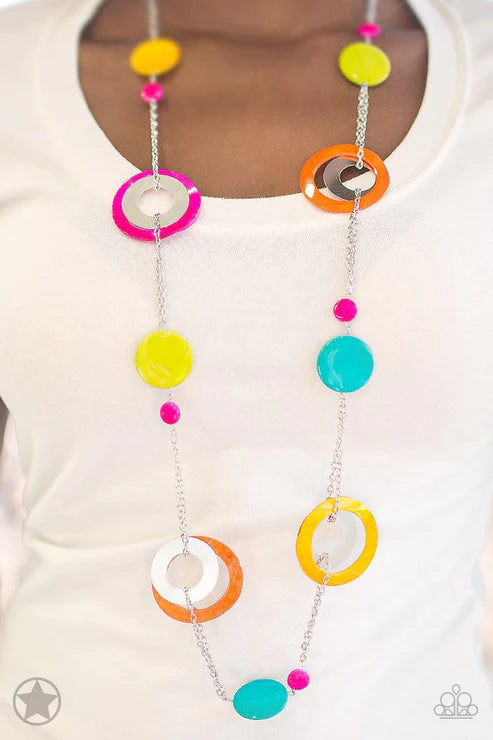 Kaleidoscopically Captivating - Oversized Multi (Yellow/Orange/Pink/Blue/White) Iridescent Shell Swirl Ring/Disc Hoop Necklace N#4799