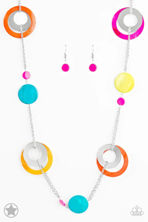 Kaleidoscopically Captivating - Oversized Multi (Yellow/Orange/Pink/Blue/White) Iridescent Shell Swirl Ring/Disc Hoop Necklace N#4799