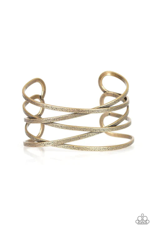 Karmic Connection - Oversized Brass Airy Karmic Hammered Textured Crisscross Ribbons Cuff Bracelet B#4670