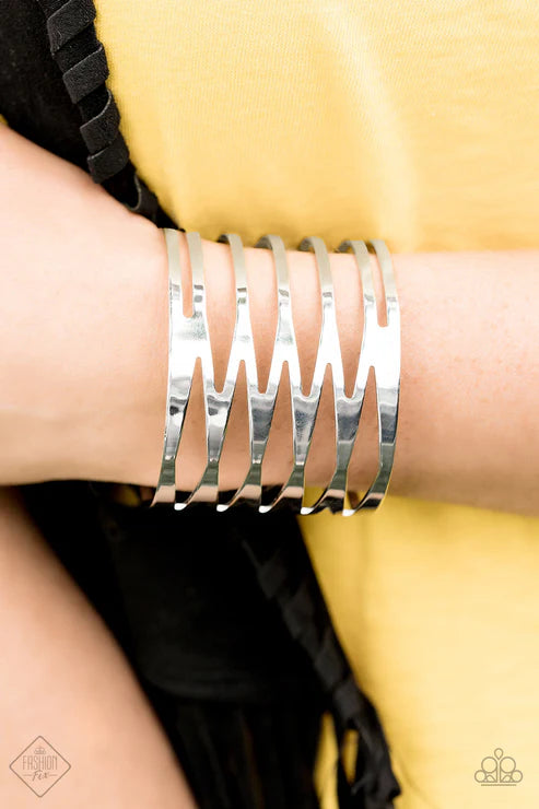 Keep Them On Edge - Oversized Silver Decorated Back/Forth Sharp Angles Flat Bars Cuff Bracelet B#6548