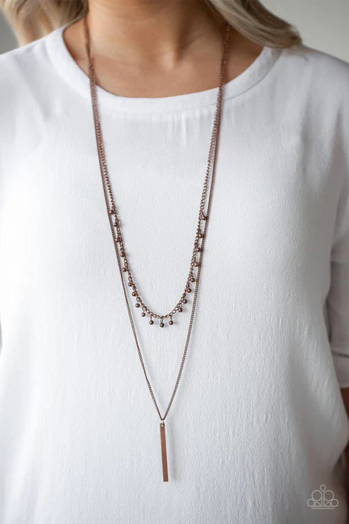 Keep Your Eye On The Pendulum - Copper Duo Mismatched Chains Dangle Rectangular Pendulum Pendant Necklace N#6283
