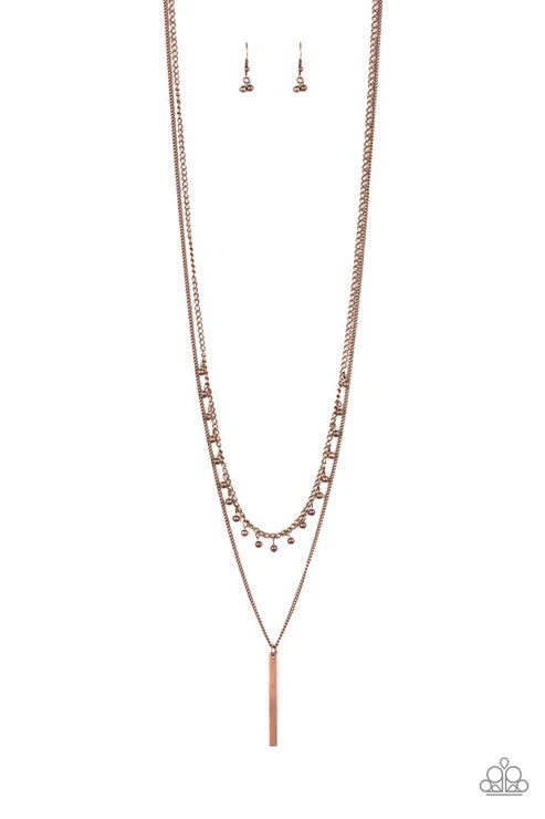 Keep Your Eye On The Pendulum - Copper Duo Mismatched Chains Dangle Rectangular Pendulum Pendant Necklace N#6283