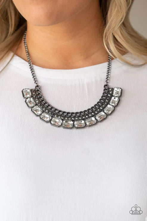 Killer Knockout - Oversized Black Hematite Encrusted Emerald-Cut Collar Chain Necklace N#2787