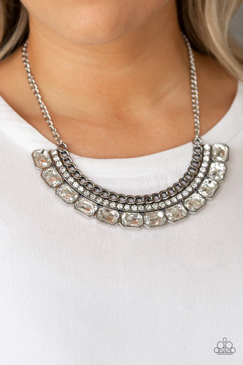 Killer Knockout - Oversized White Encrusted Emerald-Cut Collar Chain Necklace N#2801