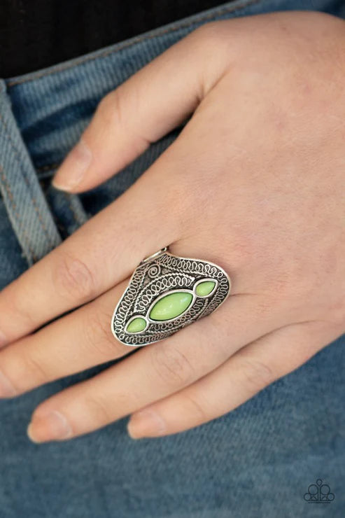 Kindred Spirit - Oversized Green Embossed Swirl Filigree Marquise Cut/Teardrop Tribal Ring R#3897
