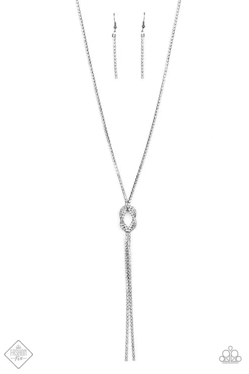 Knockout Knot - Black Sleek Gunmetal Fittings Glittery Strands White Encrusted Stream Overlap Knot Duo Tassels Stream Necklace N#7368