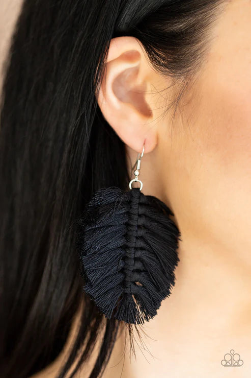 Knotted Native - Oversized Black Knotted Tassel Coalescing Fringe Earrings E#2854