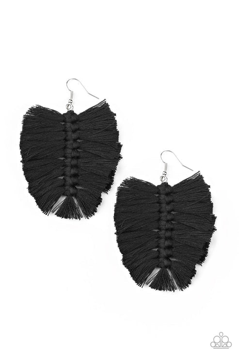 Knotted Native - Oversized Black Knotted Tassel Coalescing Fringe Earrings E#2854