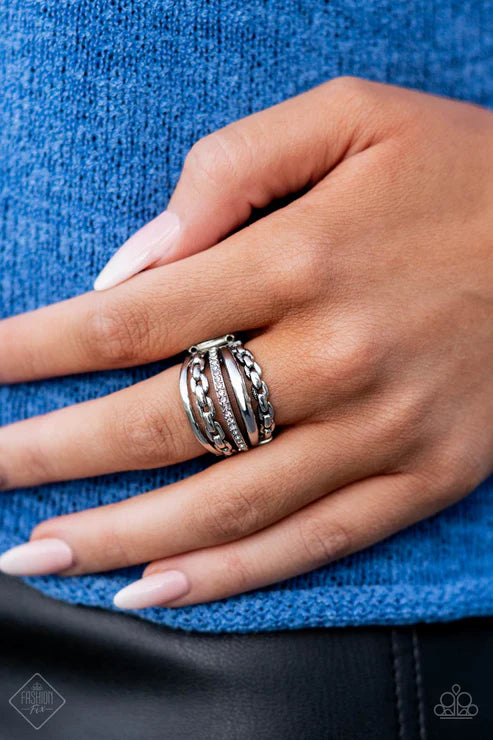 LINK Out Loud - White Encrusted Layered Chain Link Ring R#6119