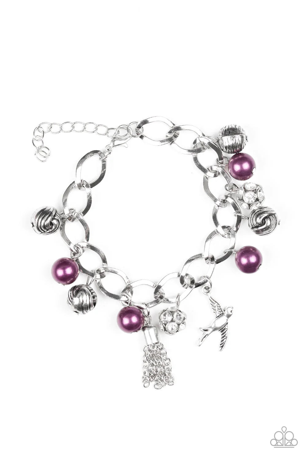 Lady Love Dove - Purple Pearl Encrusted Bird Charm Tassel Accent Fringe Bracelet B#7037