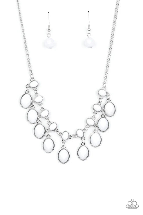 Lady of the POWERHOUSE - Oversized White Oval Vintage Linked Fringe Necklace N#2575