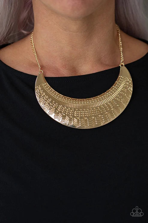 Large As Life - Oversized Gold Stamped Geometric Half-Moon Tribal Necklace N#3482