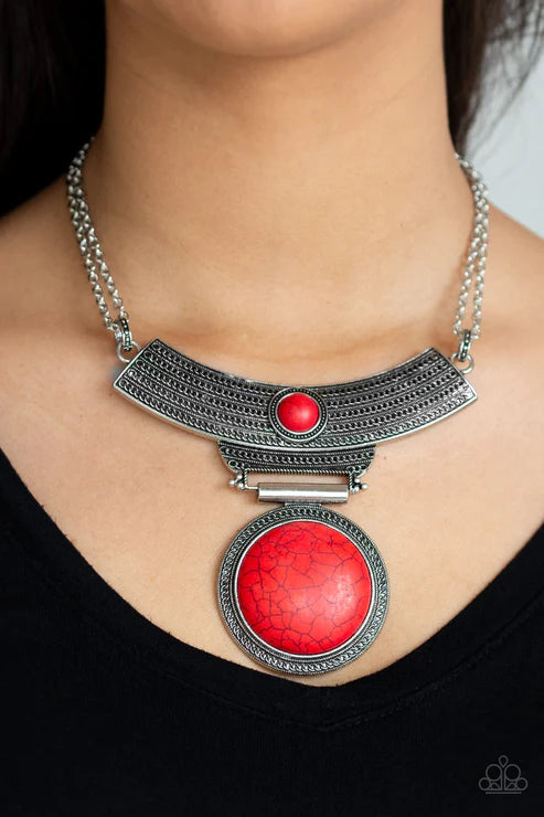 Lasting EMPRESS-ions - Oversized Red Antiqued Silver Plate Adorned Rippling Circular Textures Doubled Silver Chains  Dramatic Stone Pendant Bordered Tribal Necklace N#5293