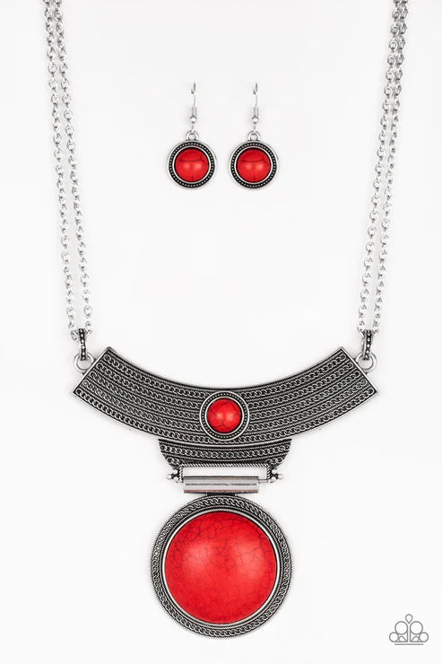 Lasting EMPRESS-ions - Oversized Red Antiqued Silver Plate Adorned Rippling Circular Textures Doubled Silver Chains  Dramatic Stone Pendant Bordered Tribal Necklace N#5293