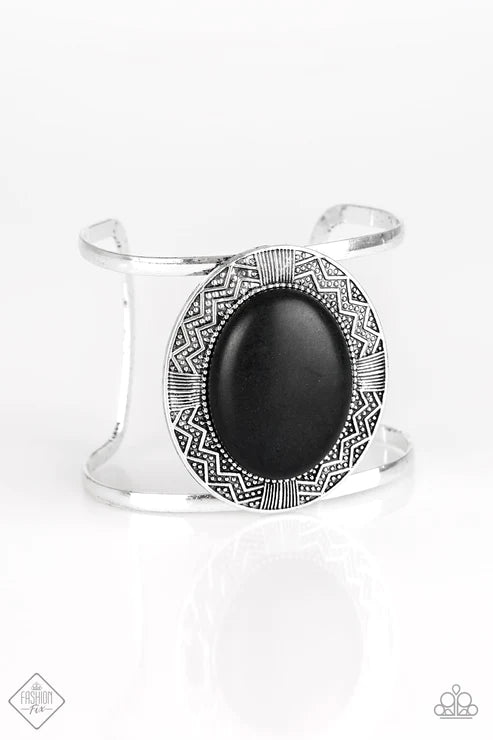 Lasting Landmark - Oversized Dramatic Black Embossed Zigzagg Tribal Cuff Bracelet B#4125