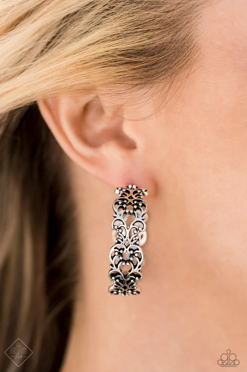 Laurel Wreaths - Oversized Silver Antiqued Studded 3D Vine Filigree Hoop Earrings E#7245