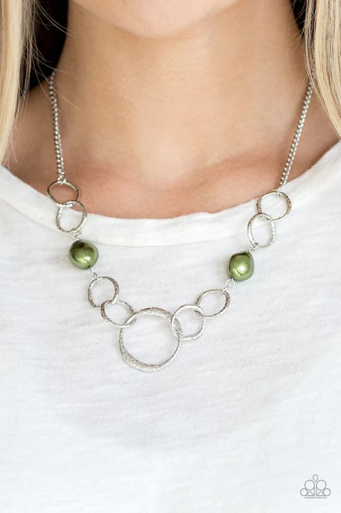 Lead Role - Green Metallic Pearl Pebble Hammered Rings Necklace N#5261