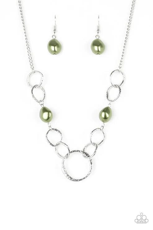 Lead Role - Green Metallic Pearl Pebble Hammered Rings Necklace N#5261