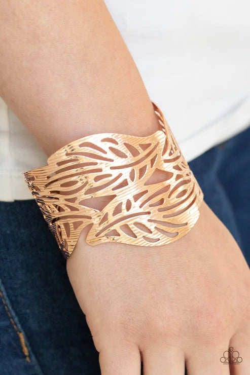 Leafy Lei - Oversized Rose Gold Etched Linear Leaf Cuff Bracelet B#3705