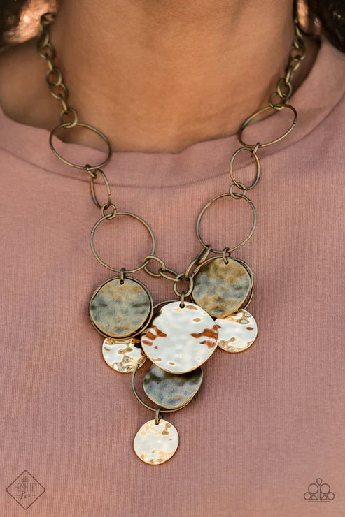 Learn the HARDWARE Way - Oversized Brass (Brass/Gold) Antiqued Hammered Mixed Metallic Rustic Hoops Fringe Necklace N#7388