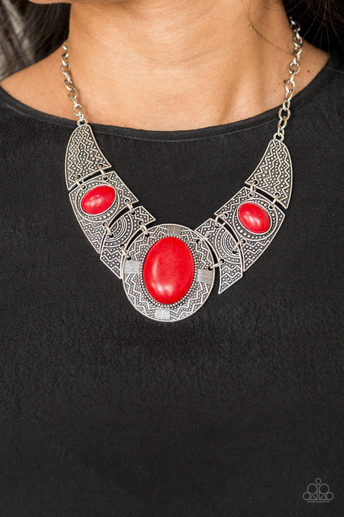 Leave Your LANDMARK - Red Stone Studded Tribal Plate Necklace N#743