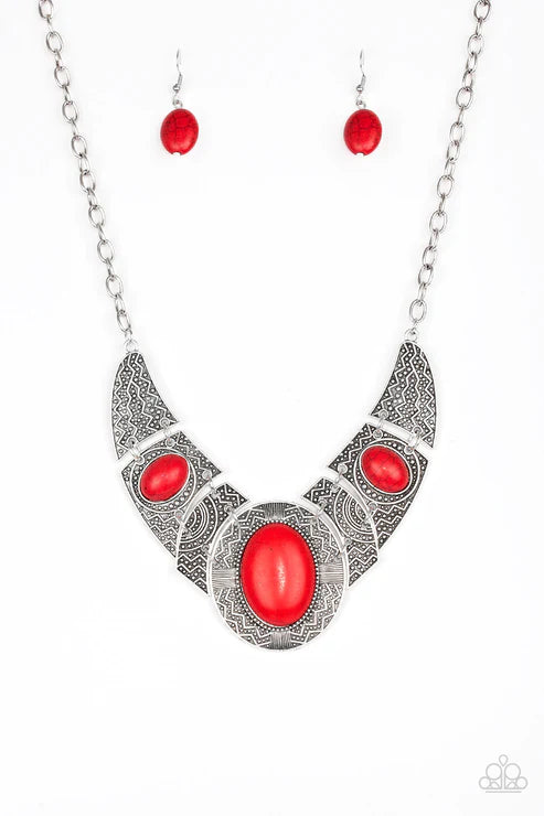 Leave Your LANDMARK - Red Stone Studded Tribal Plate Necklace N#743