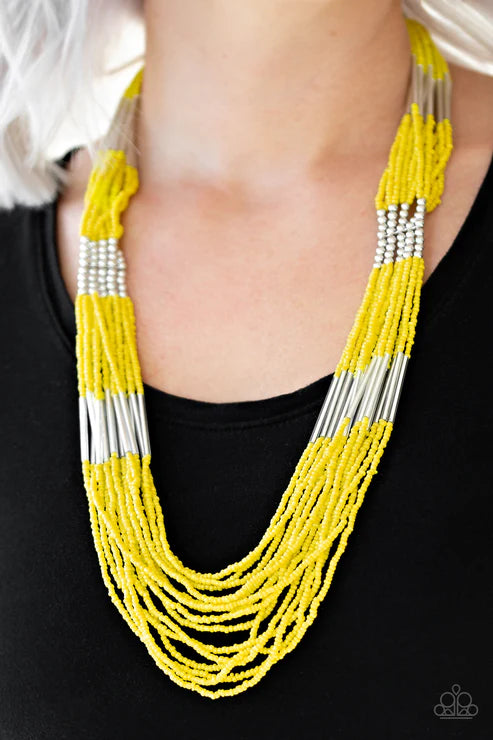 Let It BEAD - Oversized Yellow/Silver Seed Bead Cylindrical Accent Necklace N#4628