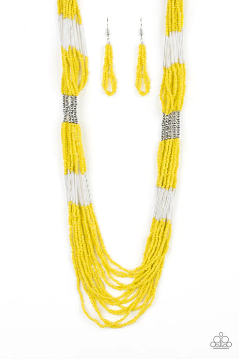 Let It BEAD - Oversized Yellow/Silver Seed Bead Cylindrical Accent Necklace N#4628