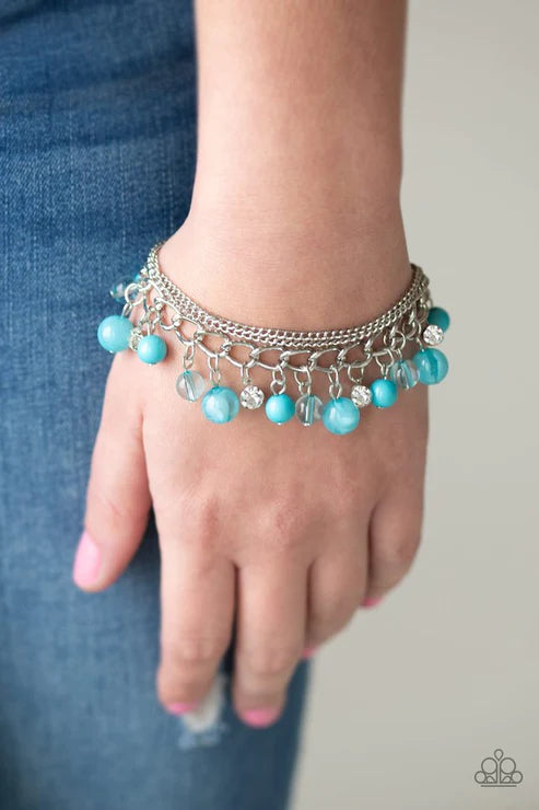 Let Me SEA! - Blue Infused Layers of Mismatched Silver Chains Glassy/Polished Whimsical Encrusted Bracelet B#4771