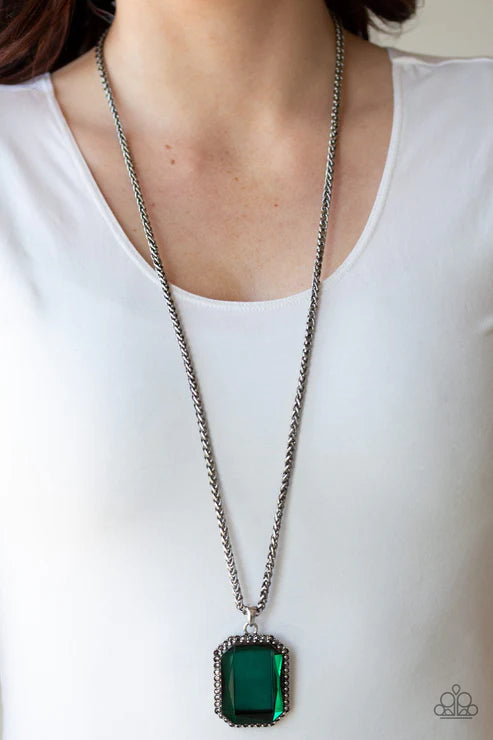 Let Your HEIR Down - Oversized Green/Gunmetal Hematite Encrusted Faceted Emerald Cut Wheat Chain Necklace N#5719