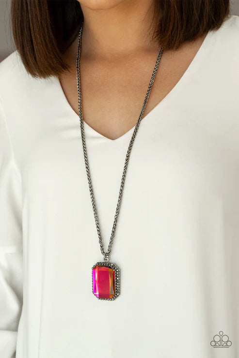 Let Your HEIR Down - Oversized Multi/Gunmetal Oil Spill Hematite Encrusted Faceted Emerald Cut Wheat Chain Necklace N#5628
