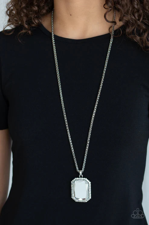 Let Your HEIR Down - Oversized White Hematite Encrusted Faceted Emerald Cut Wheat Chain Necklace N#6012