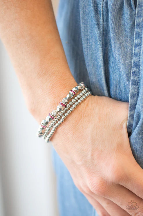 Let There BEAM Light - Pink/Silver Infused Faceted Mismatched Encrusted  Bracelet Stack B#7242