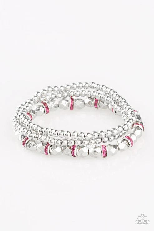 Let There BEAM Light - Pink/Silver Infused Faceted Mismatched Encrusted  Bracelet Stack B#7242