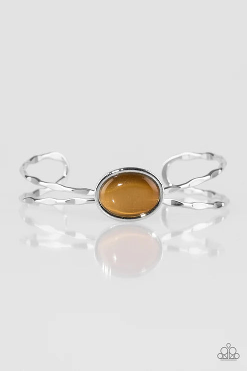 Lets Get Things GLOWING! - Brown Cat's Eye Moonstone Arc Hammered Cuff Bracelet B#5732