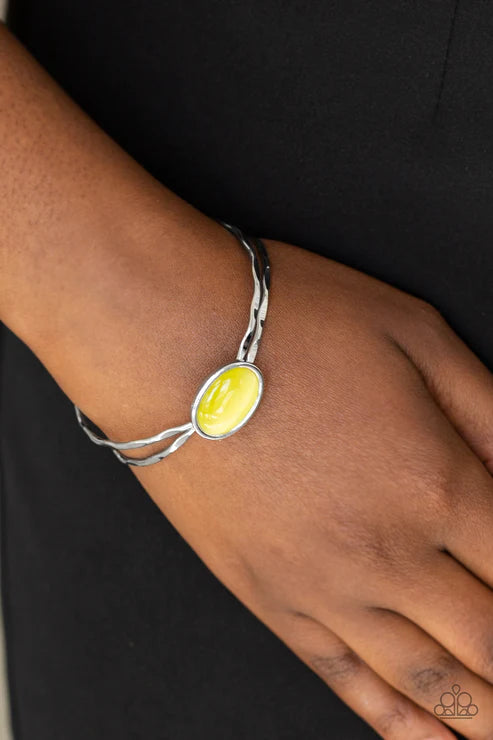 Lets Get Things GLOWING! - Yellow Cat's Eye Moonstone Arc Hammered Cuff Bracelet B#6181