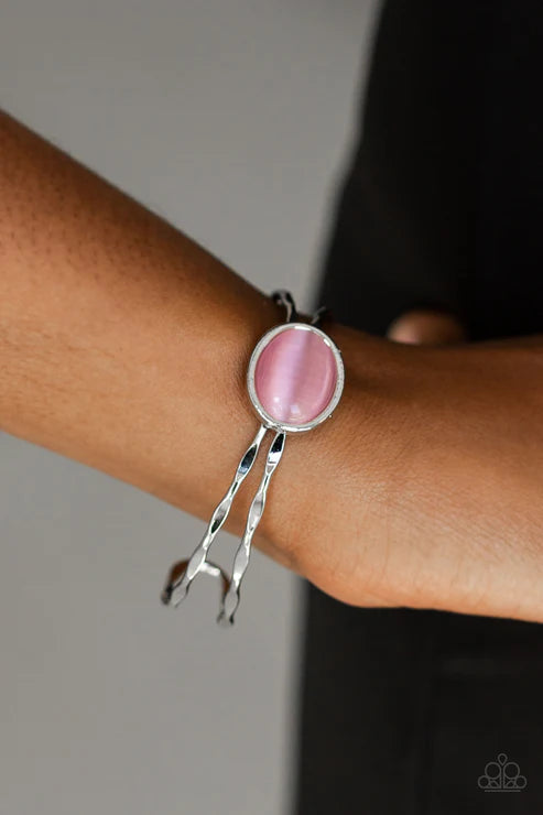 Lets Get Things GLOWING! - Pink Cat's Eye Moonstone Arc Hammered Cuff Bracelet B#5041