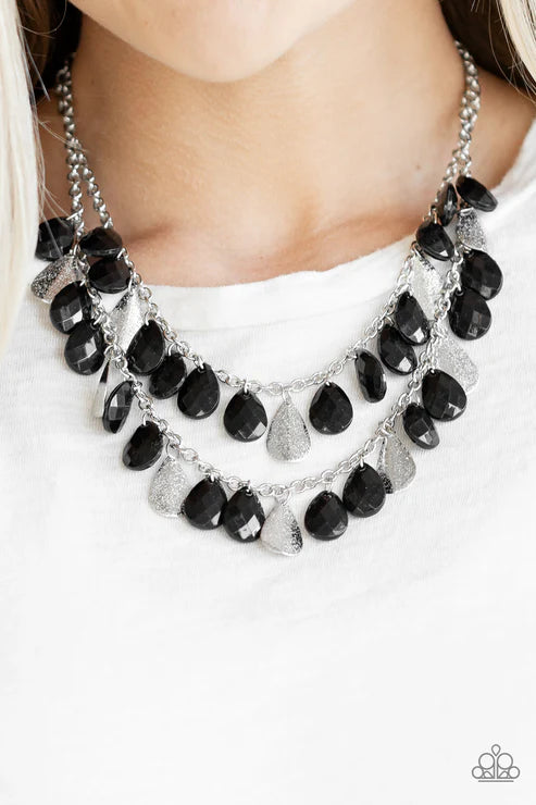 Life of the FIESTA - Black Faceted Shimmer Beveled Teardrop Fringe Necklace N#6439