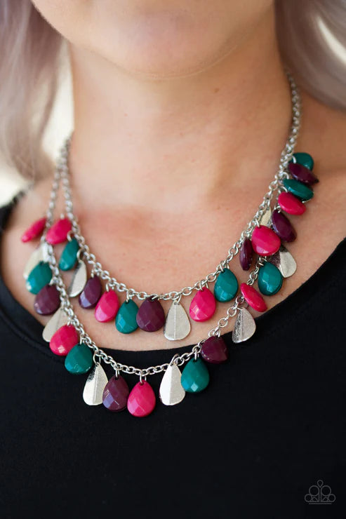 Life of the FIESTA - Multi (Green/Pink/Plum) Faceted Shimmer Beveled Teardrop Fringe Necklace N#3410