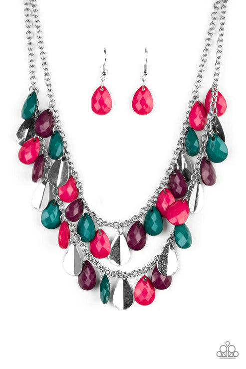 Life of the FIESTA - Multi (Green/Pink/Plum) Faceted Shimmer Beveled Teardrop Fringe Necklace N#3410