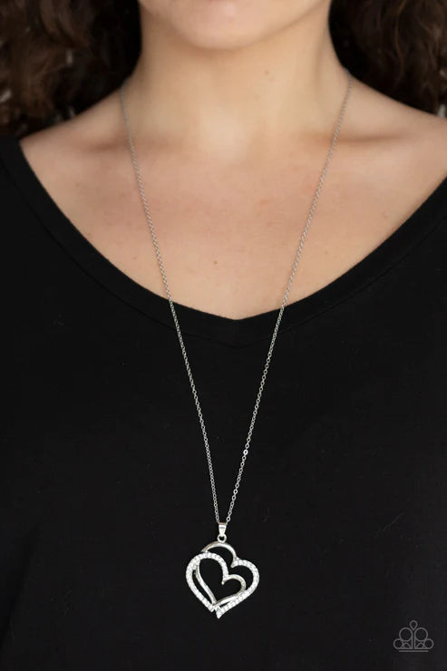 Lighthearted Luster - White Double 3D Heart Encrusted Necklace N#5157