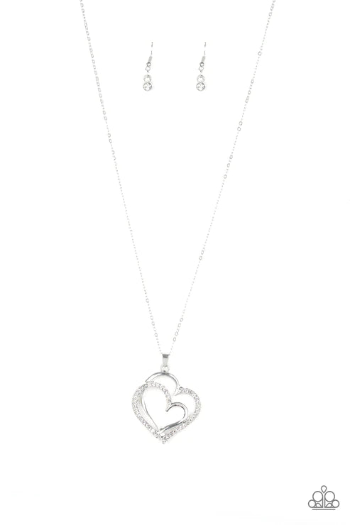 Lighthearted Luster - White Double 3D Heart Encrusted Necklace N#5157