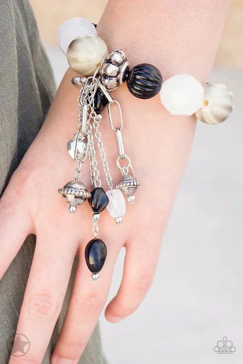 Lights! Camera! Action! - Oversized Black (Black/Silver/White) Dramatic Nestled Dangling Charms Bracelet B#5596