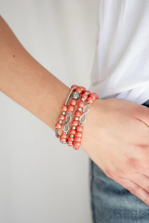 Limitless Luxury - Metallic Orange (Coral) Pearl Infinity Ribbon Accent Bracelet Stack B#6776